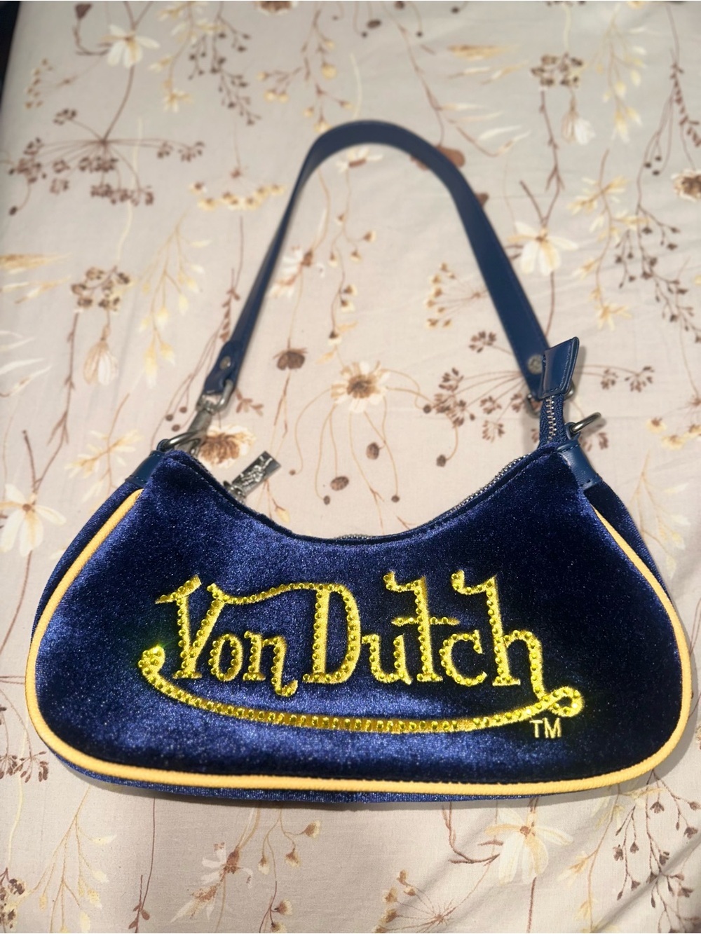 Von Dutch Navy Velvet Mini Shoulder Bag with Yellow Logo